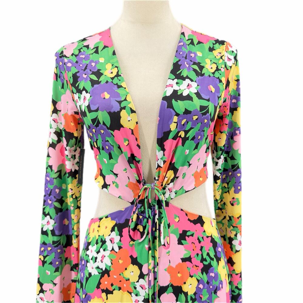 AFRM NEW Monique Neon Floral Cut Out V-neck Tie Front Long Sleeve Maxi Dress - Picture 6 of 12
